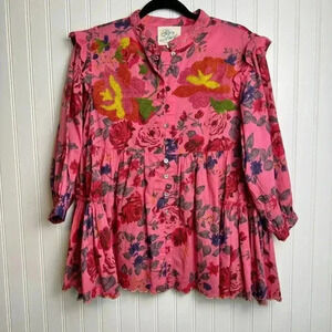 Oh My Stars pink floral embroidered 3/4 sleeve scallop hem button down small H50